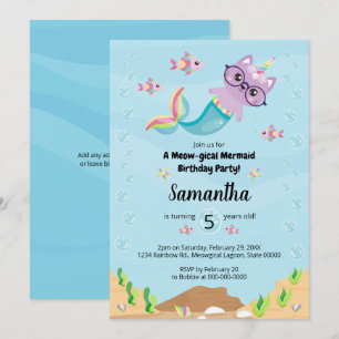 Convite Mermaid Unicorn Rainbow Cat Festa de aniversário