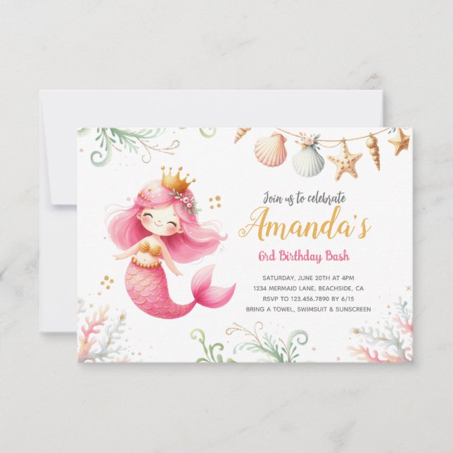 Convite Mermaid watercolor Birthday Invitation (Frente)