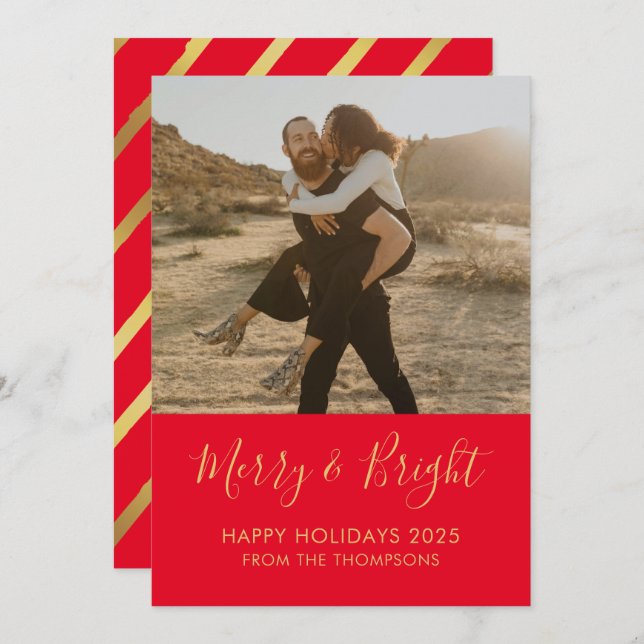 Convite Merry & Bright Holiday Christmas red Photo card (Frente/Verso)