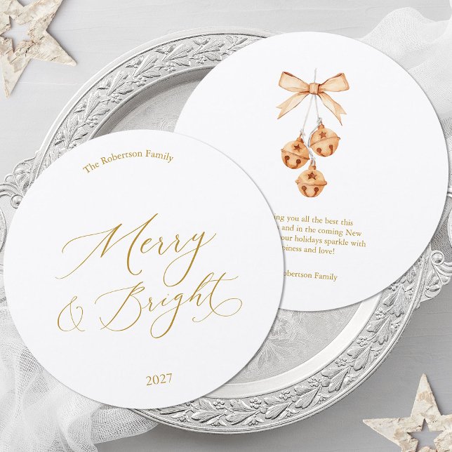 Convite Merry & Bright Round Christmas Card with Bells (Criador carregado)