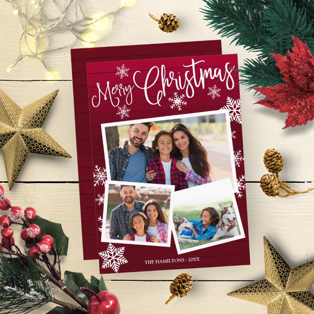 Convite Merry Christmas Cute Snowflake Rustic 3 Photos (Criador carregado)