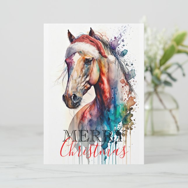 Convite Merry Christmas Horse in Santa Hat Greeting Card (Em pé/Frente)