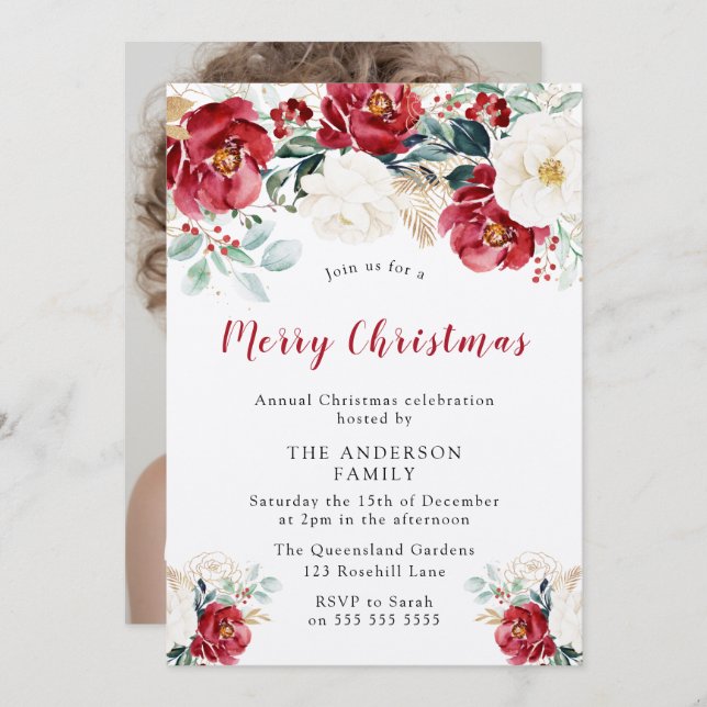 Convite Merry Christmas Party Shimmer Burgundy Red Flowers (Frente/Verso)