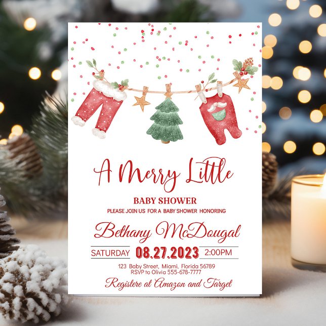 Convite Merry Little Baby Shower Santa Baby (A Christmas baby shower invitation with a vintage Santa, festive red and green colors, and the phras)