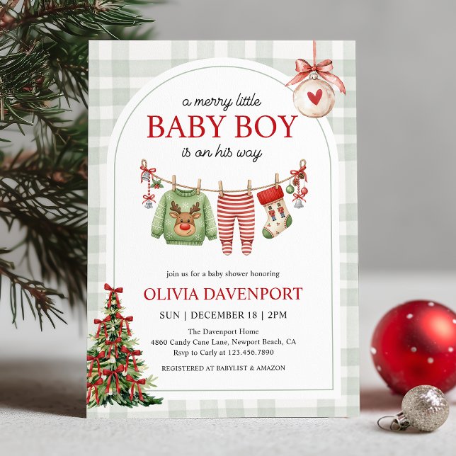 Convite Merry Little Boy Gingham Christmas Baby Shower (Criador carregado)