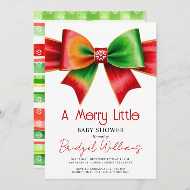 Convite Merry Little Christmas Baby shower red, green bow (Frente/Verso)