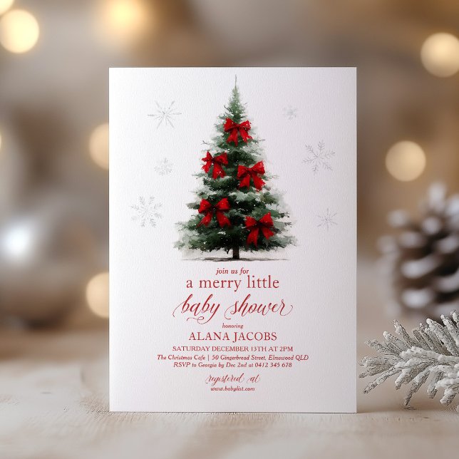 Convite Merry Little Christmas Baby Shower Xmas Tree (Merry Little Baby Shower! Christmas themed Baby Shower invitation with tree and red bows)