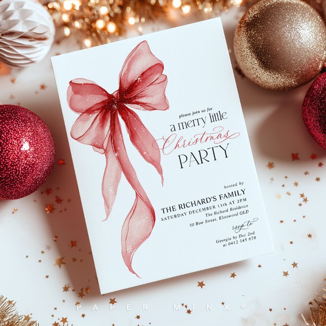 Convite Merry Little Christmas Party  (Merry Little Christmas Party! Red Bow Christmas Invitation)