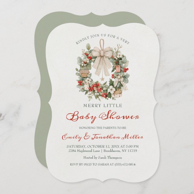 Convite Merry Little Christmas Wreath Baby Shower (Frente/Verso)