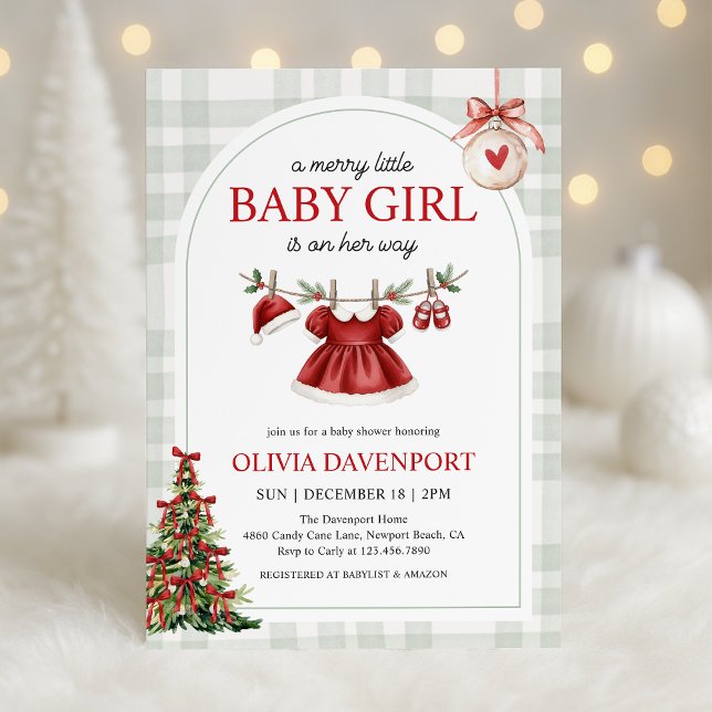 Convite Merry Little Girl Gingham Christmas Baby Shower (Criador carregado)