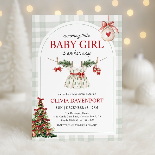 Convite Merry Little Girl Gingham Christmas Baby Shower (Criador carregado)