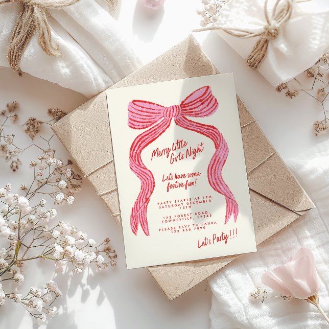Convite Merry Little Girls Night Invitation | Pink Red Bow (Criador carregado)