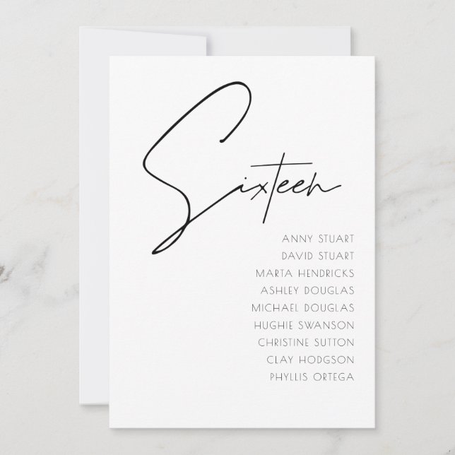 Convite Mesa 16 Modern Wedding Table Number modelo (Frente)