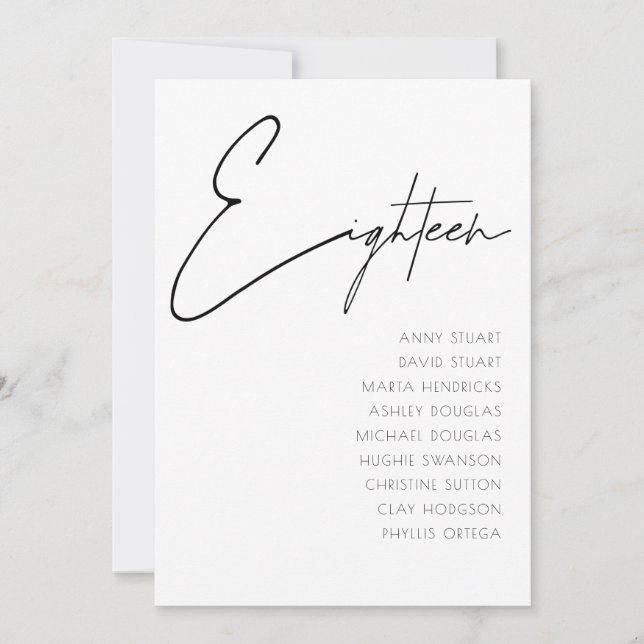 Convite Mesa 18 Modern Wedding Table Number modelo (Frente)