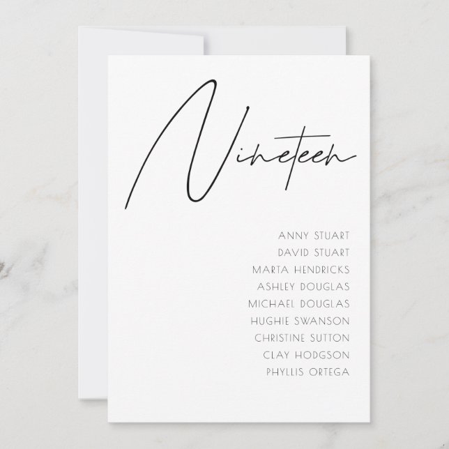 Convite Mesa 19 Modern Wedding Table Number modelo (Frente)