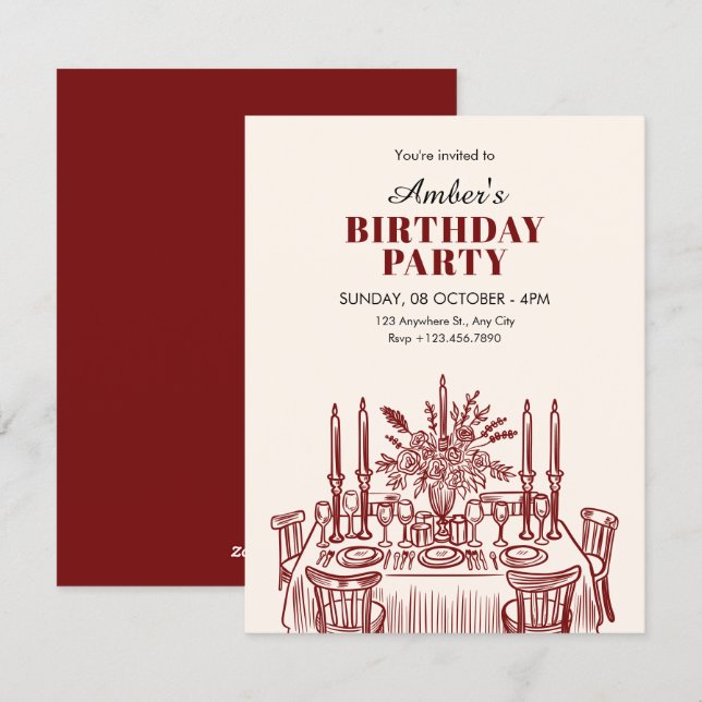 Convite Mesa de jantar clássica de aniversário (Frente/Verso)