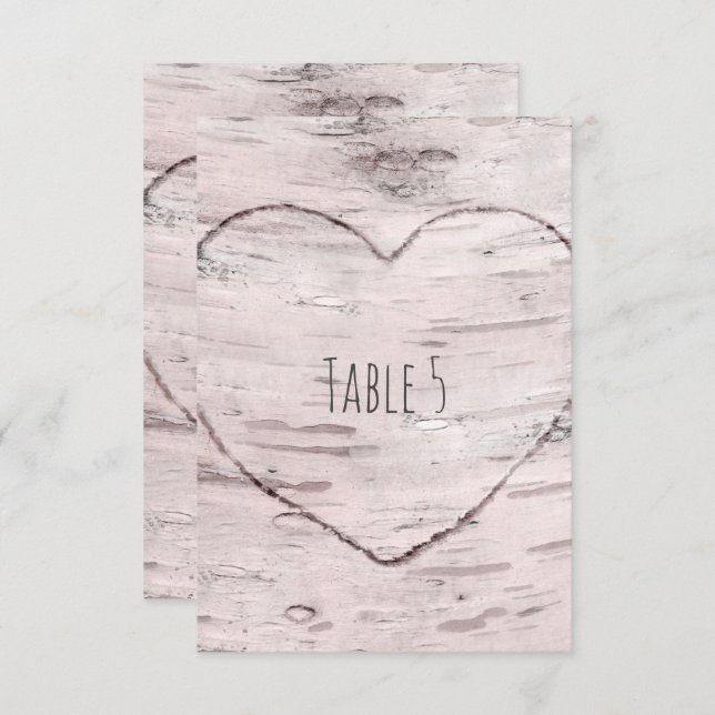 Convite Mesa de Número de Árvore de Bétula & Coração Talha (Frente/Verso)