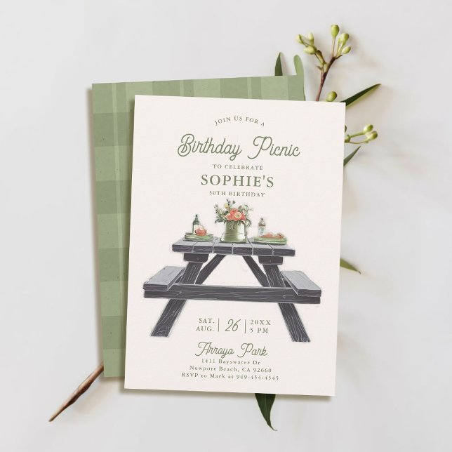 Convite Mesa de Piquenique Verão Elegante Moderno 50º Aniv (50th birthday invitation picnic summer spring fall casual modern classy chic watercolor.)