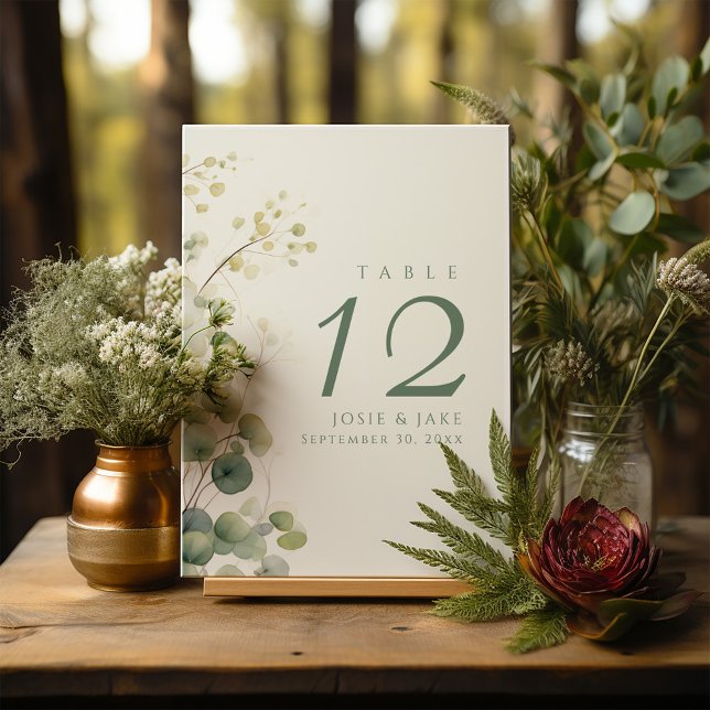 Convite Mesa noiva Romântica Floral Eucalyptus (Romantic Floral Eucalyptus Leaves wedding table number sign Card in elegant green.)
