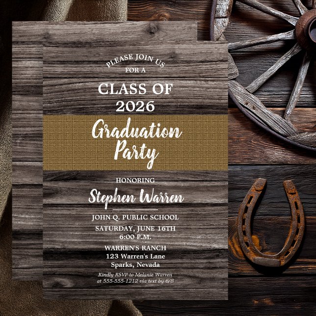 Convite Mesa Rústica de Madeira com Sacos de Aniagem Festa (Non Photo Graduation Invitation Rustic Barn Wood & Burlap Class of 2026)