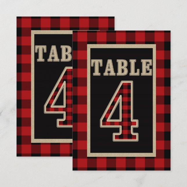 Convite Mesa Rústica Número 4 Xadrez Búfalo Vermelho e Pre (Frente/Verso)