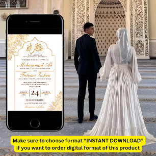 Convite Mesquita Floral Dourada Elegância Casamento Muçulm