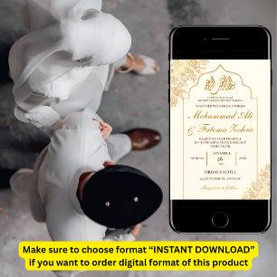 Convite Mesquita Floral Dourada Elegância Casamento Muçulm