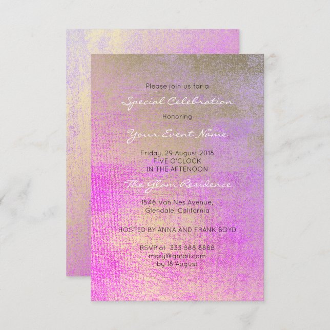 Convite Metálico Dourado brilhante Rosa cor-de-rosa (Frente/Verso)