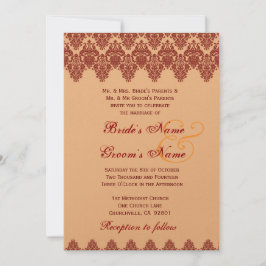 Convite Metálico Dourado de Casamento tema damasco de rend
