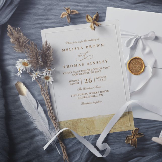Convite Metallic Dipped Gold Minimalist QR Code Wedding (Criador carregado)