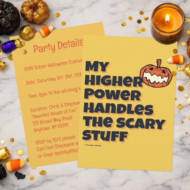 Convite Meu Poder Superior Lida com Coisas Assustadoras |  (Set the tone for a mindful, sober Halloween celebration with My HP Handles the Scary Stuff Invite.)
