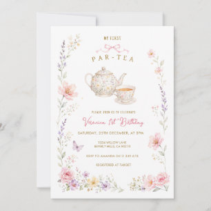 Convite Meu Primeiro Aniversário Par-Tea com flores silves