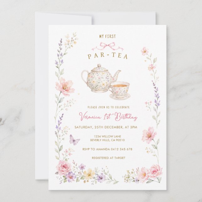Convite Meu Primeiro Aniversário Par-Tea com flores silves (Frente)