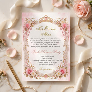 Convite Meus Quinze Anos, Tiara Dourada floral rosa
