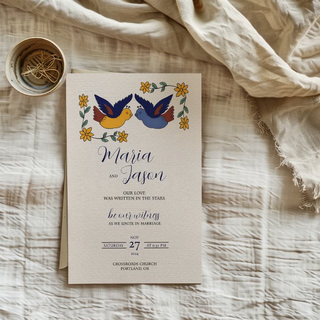 Convite Mexican Birds Floral Blue Yellow Charming Wedding (Mexican Birds Floral Blue Yellow Charming Wedding Invitation)