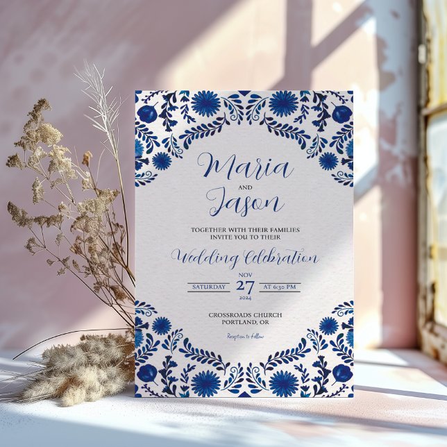 Convite Mexican Blue Floral Aesthetic Botanical Wedding (Mexican Blue Floral Aesthetic Botanical Wedding Invitation)