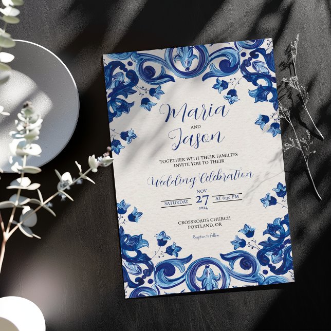 Convite Mexican Blue Talavera Majolica Floral Boda Wedding (Mexican Blue Talavera Majolica Floral Boda Wedding Invitation)