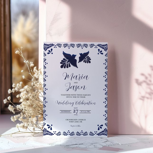 Convite Mexican Navy Blue Botanical Minimalist Wedding (Mexican Navy Blue Botanical Minimalist Wedding Invitation)