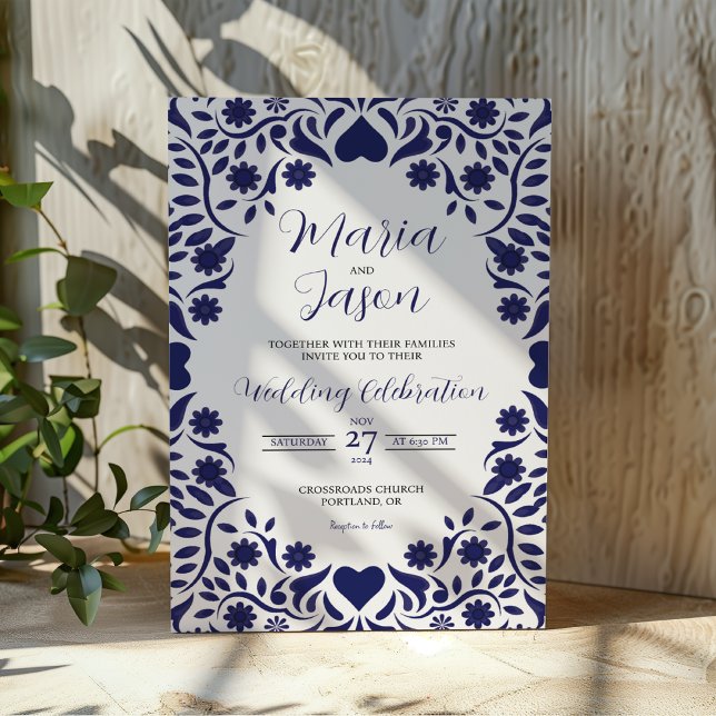 Convite Mexican Navy Blue Floral Elegant Romantic Wedding (Mexican Navy Blue Floral Elegant Romantic Wedding Invitation)