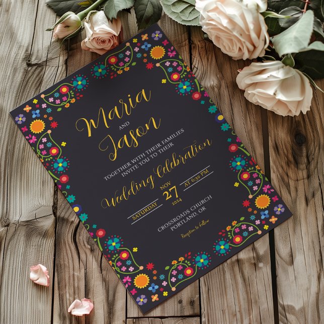 Convite Mexican Navy Floral Aesthetic Folk Art Wedding (Mexican Navy Floral Aesthetic Folk Art Wedding Invitation)