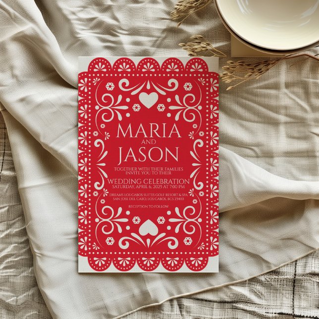 Convite Mexican Papel Picado Red White Folk Art Wedding (Mexican Papel Picado Red White Folk Art Wedding Invitation)