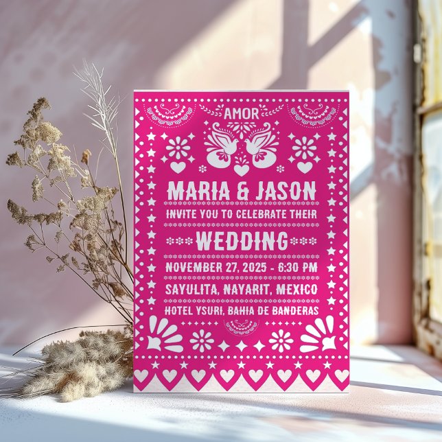 Convite Mexican Pink Papel Picado Fiesta Folk Art Wedding (Mexican Pink Papel Picado Fiesta Folk Art Wedding Invitation)
