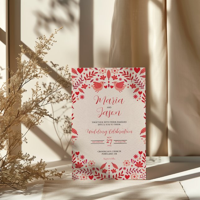 Convite Mexican Pink Red Floral Elegant Aesthetic Wedding (Mexican Pink Red Floral Elegant Aesthetic Wedding Invitation)