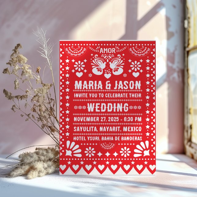 Convite Mexican Red Papel Picado Fiesta Folk Art Wedding (Mexican Red Papel Picado Fiesta Folk Art Wedding Invitation)