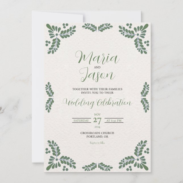 Convite Mexican Talavera Green Floral Minimalist Wedding (Frente)