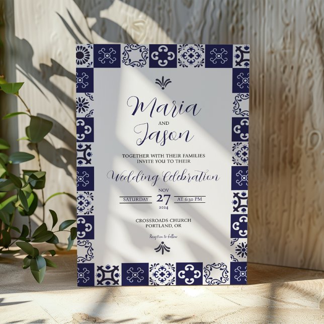 Convite Mexican Talavera Majolica Navy Blue White Wedding (Mexican Talavera Majolica Navy Blue White Wedding Invitation)