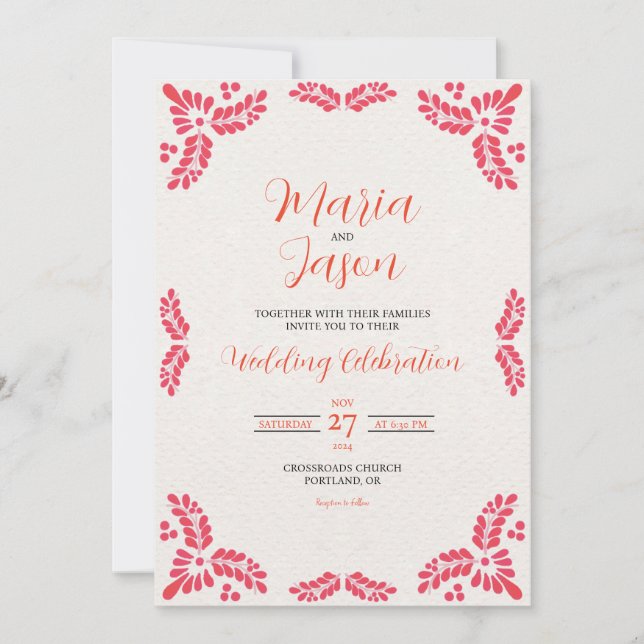 Convite Mexican Talavera Orange Floral Minimalist Wedding (Frente)