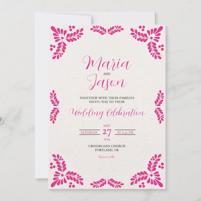 Convite Mexican Talavera Pink Floral Minimalist Wedding (Frente)