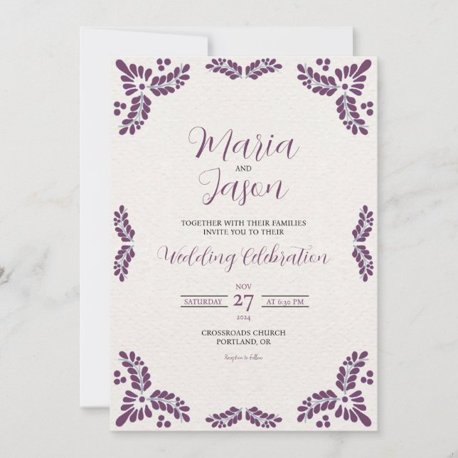 Convite Mexican Talavera Purple Floral Minimalist Wedding (Frente)