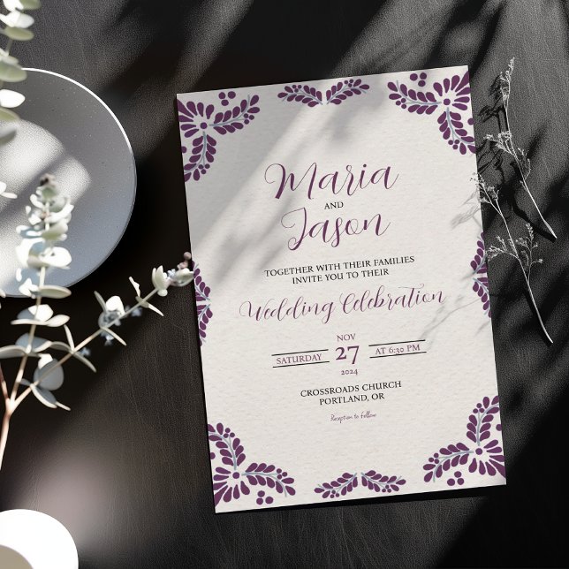 Convite Mexican Talavera Purple Floral Minimalist Wedding (Mexican Talavera Purple Floral Minimalist Wedding Invitation)
